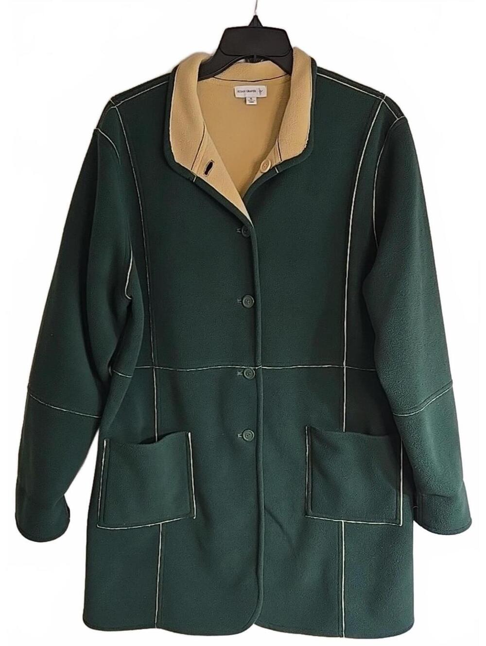Susan Graver Reversible Fleece Coat Women's XL Green Tan Weekend Button 3/4 Long